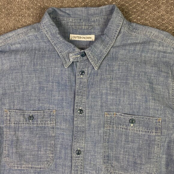 Outerknown Button Down Shirt Men's XXL Chambray Denim Chin Strap Organic Cotton - Picture 2 of 9